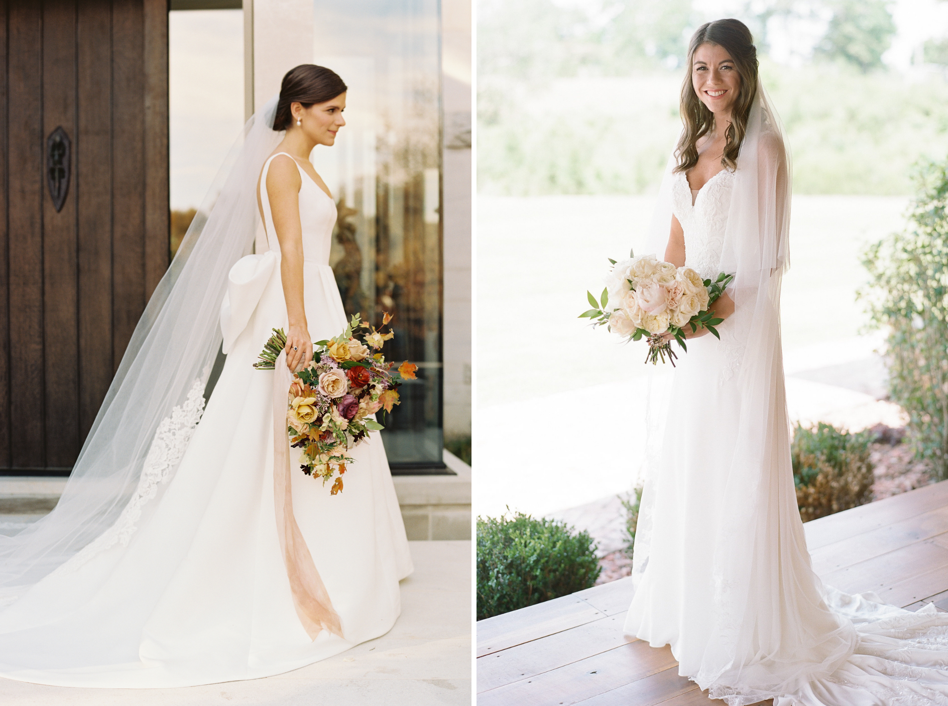 Brides in simple gowns in varying shades of white, holding floral bouquets. 